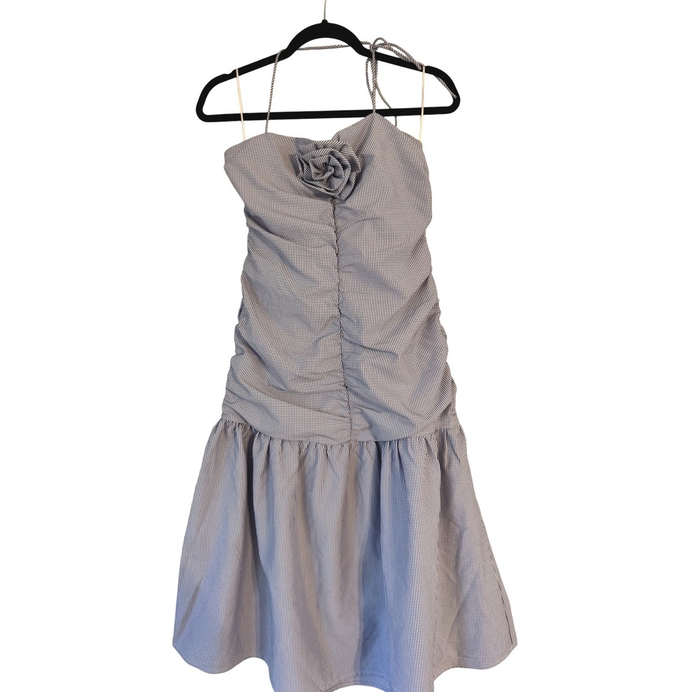 Fourteenth‎ Place Blue White Striped Halter Ruched Midi Dress M Flower Detail